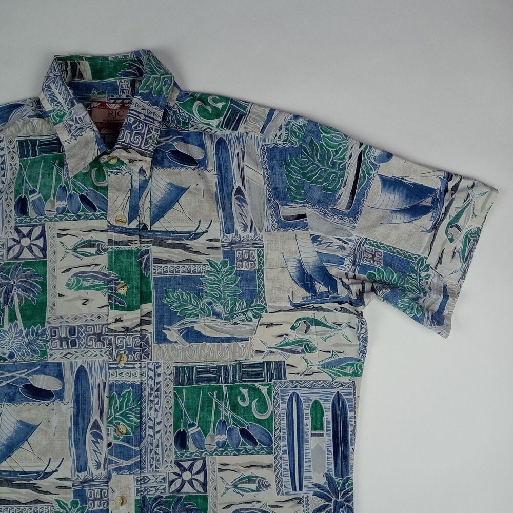RJC Hawaiian Shirt Reverse Print Made in Hawaii Men's Large Aloha Fish Vintage - Picture 2 of 12